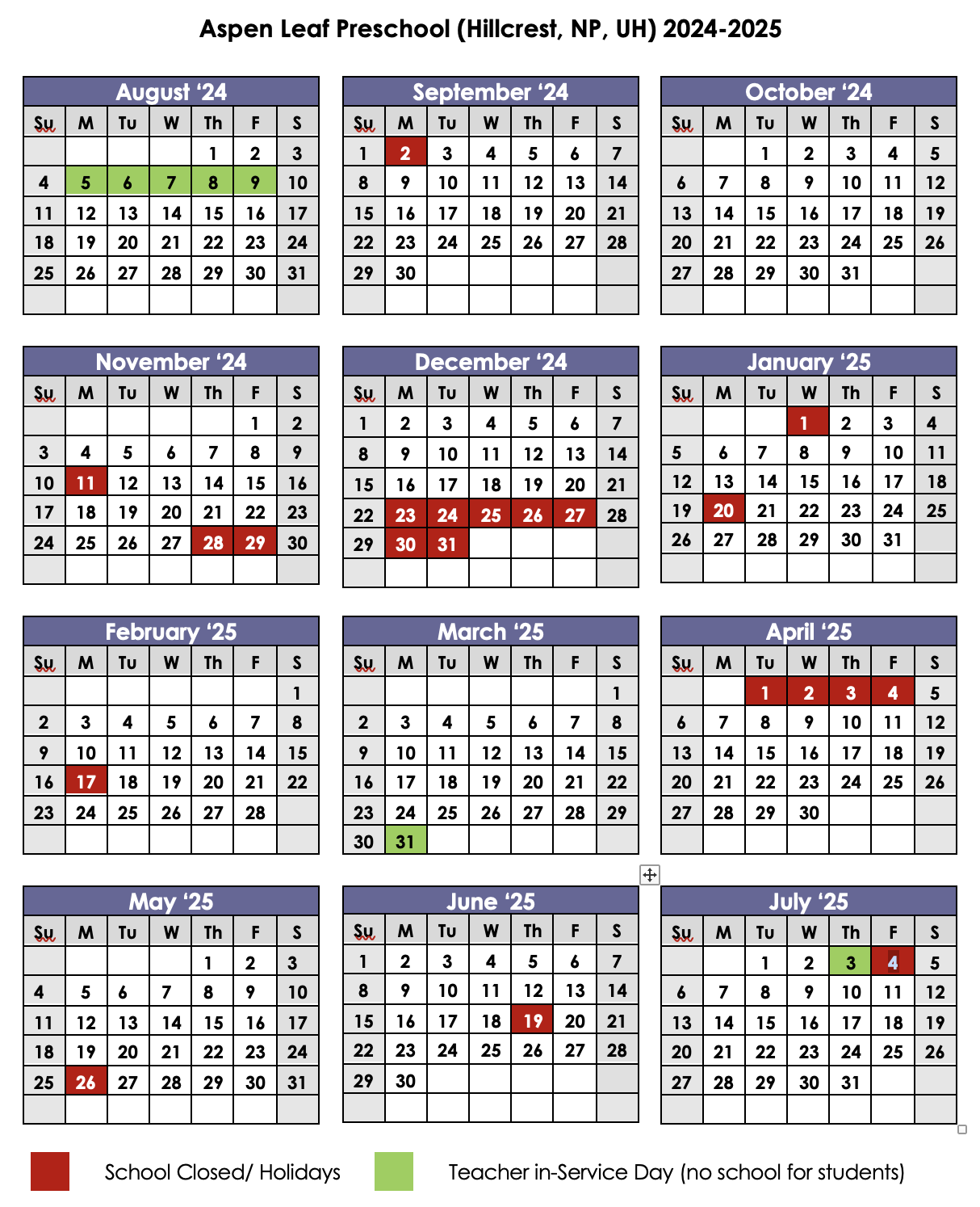 Aspen Leaf 2024-2025 academic calendar